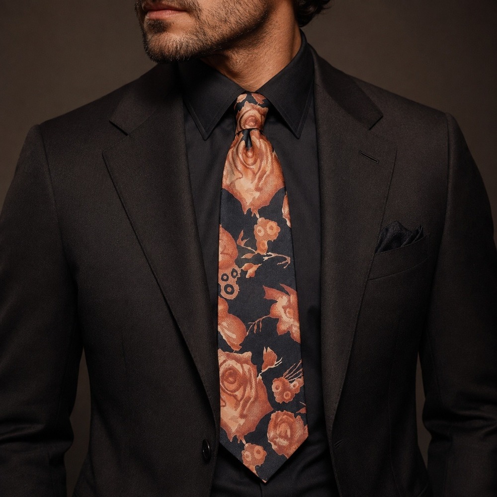 Vintage Pierre Cardin Silk Tie Black Dusty Coral Floral 4 Inch Wide Retro Rose